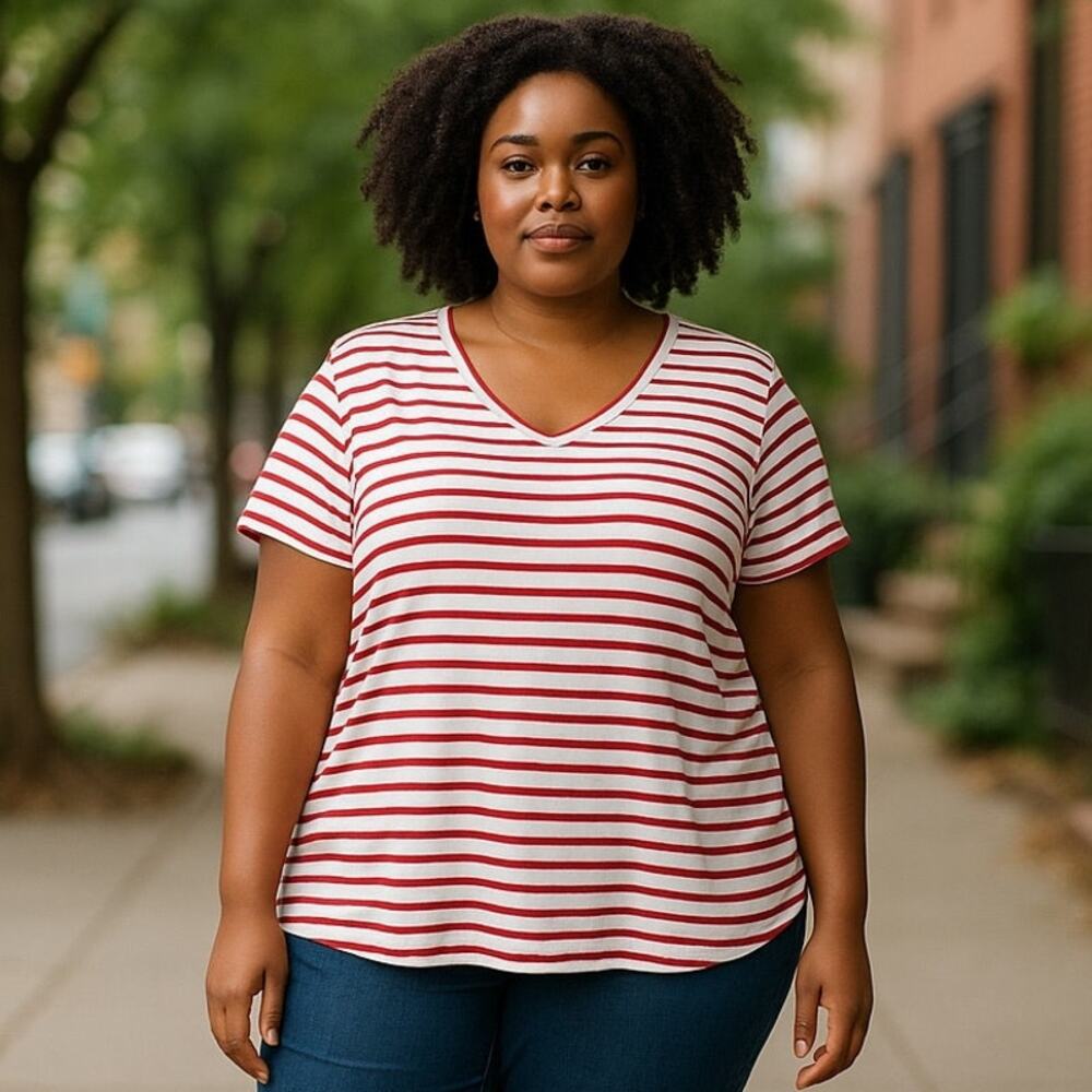 COCO & MAIN Red White Striped Short Sleeve Summer Top ~ Women's Oversized MED